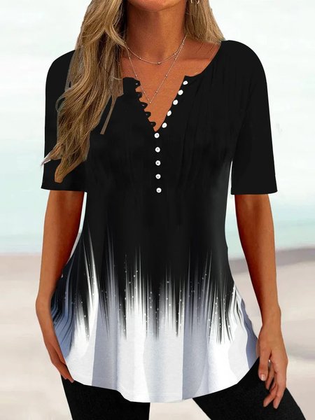 

Color Block Elegant Buttoned T-Shirt, Black-white, Shirts & Blouses