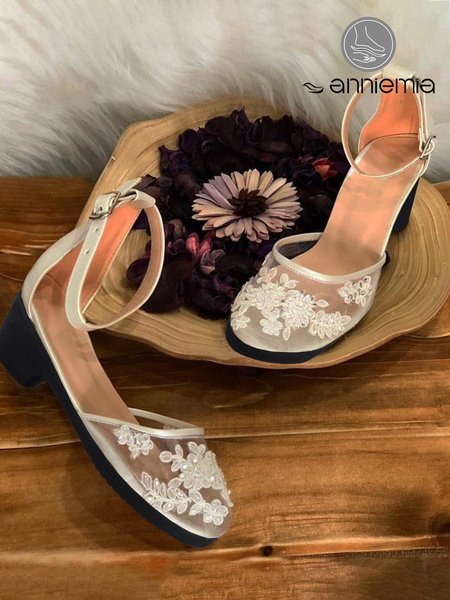 

White Floral Mesh Lace Chunky Heel Bridal Shoes, Sandals