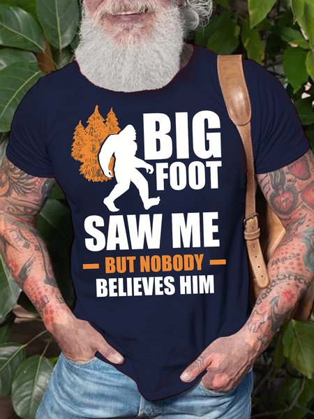 

Men's Bigfoot Saw Me But Nobody Believes Him Funny Graphic Printing Cotton Text Letters Casual Crew Neck T-Shirt, Purplish blue, T-shirts