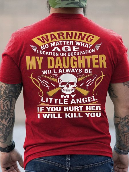 

Men's Warning No Matter Age Location Or Occupation My Daughter Will Always Be My Little Angel Funny Graphic Printing Text Letters Cotton Crew Neck Casual T-Shirt, Red, T-shirts