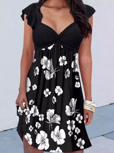 

Floral V Neck Loose Casual Dress, Black-white, Dresses