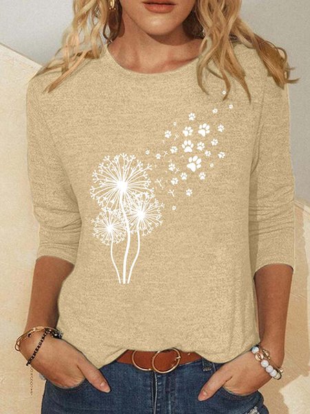 

Women’s Dog Paw Print Dandelions Casual Loose Text Letters Crew Neck Shirt, Khaki, Long sleeves