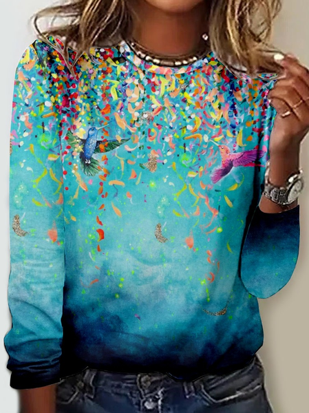 

Women's art bird print Casual Crew Neck Shirt, As picture, Long sleeves