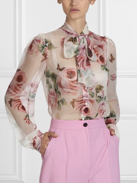 

Regular Fit Floral Elegant Long Sleeve Blouse, Pink, Blouses and Shirts