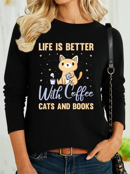 

Lilicloth X Rajib Sheikh Life Is Better With Coffee Cats And Books Women's Long Sleeve Top, Black, Long sleeves