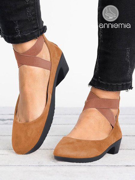

Cross Elastic Band Comfortable Chunky Heel Shoes, Khaki, Heels