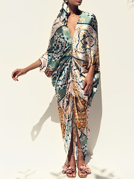 

Deep V Neck Ethnic Loose Batwing Sleeve Dress, As picture, Maxi Dresses