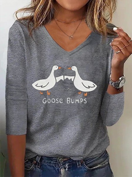 

Women's Silly Goose Loose Casual V Neck Long Sleeve T-Shirt, Gray, T-Shirts
