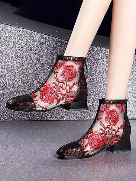 

Vintage Embroidered Floral Lace Stitching Dress Sandal Boots, Red, Boots