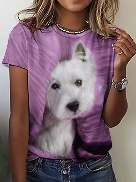 

Women's Funny Dog Simple Crew Neck T-Shirt, Pink, T-shirts
