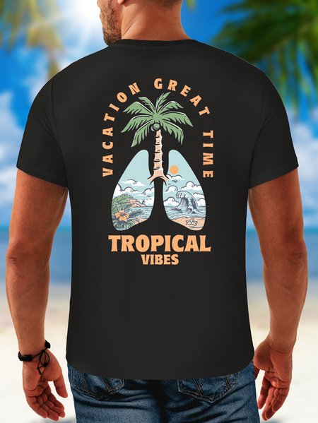 

Coconut Tree Round Neck Casual T-Shirt, Black, Men's t-shirts