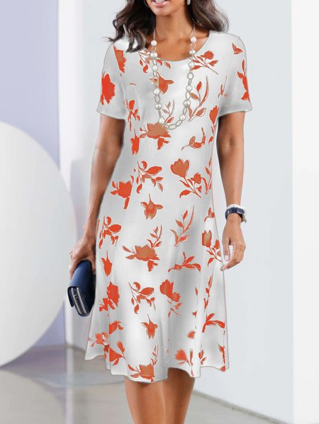

Floral Casual Crew Neck Loose Lightweight Summer Dress, Orange red, Dresses