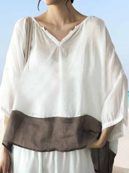 

Color Block Cotton Boho Loose Shirt, White, Shirts & Blouses