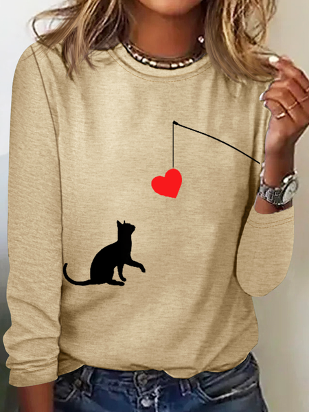 

Women's Simple Funny Cat Cotton-Blend Shirt, Khaki, Long sleeves