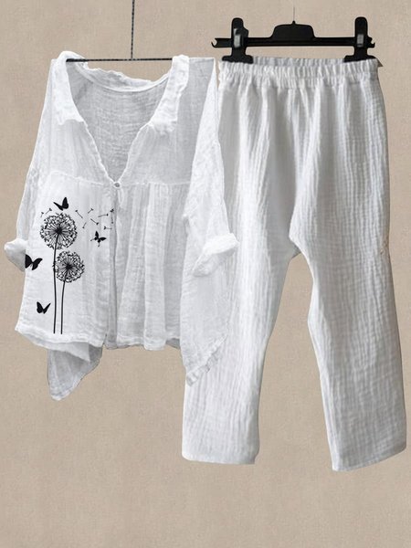 

Summer Outfits Casual Plain Linen Suits Dandelion V Neck Three Quarter Sleeve Tunic and Pants Two-Piece Sets, White, Suits