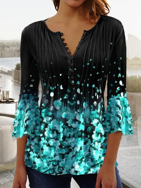 

V Neck Elegant Floral Buttoned Shirt, Black-blue, Shirts & Blouses
