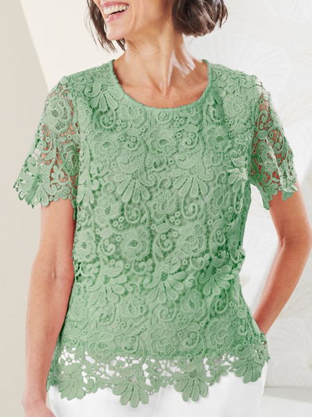 

Crew Neck Casual Lace Plain Shirt, Green, Shirts & Blouses