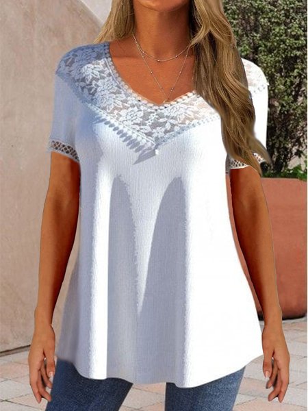 

Lace V Neck Elegant Loose Shirt, White, Shirts & Blouses
