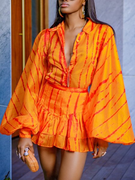 

Regular Fit Lantern Sleeve Shirt Collar Striped Urban Blouse, Orange, Blouses and Shirts