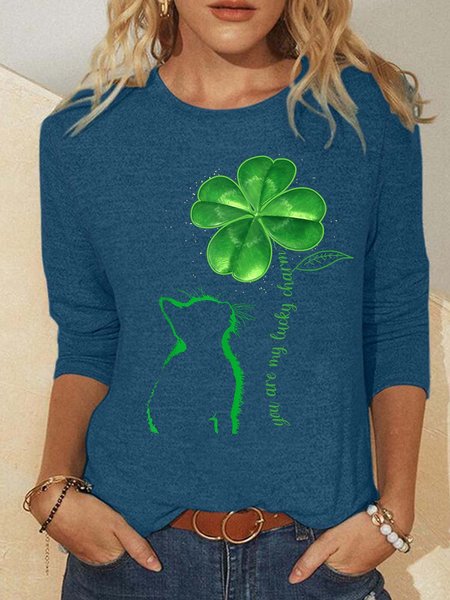 

Women’s You Are My Lucky Charm Happy St.Patrick’s Day Cat Crew Neck Casual Polyester Cotton Loose Shirt, Blue, Long sleeves