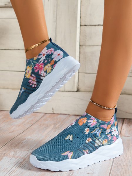 

Floral and Butterfly Pattern Slip-On Running Shoes, Blue, Sneakers