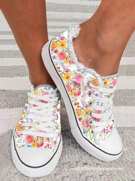 

Romantic Floral Casual Lace-Up Canvas Shoes, As picture, Women Shoes