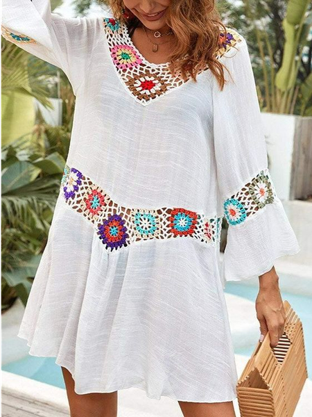 

Vacation V Neck Plain Loose Dress, White, Mini Dresses