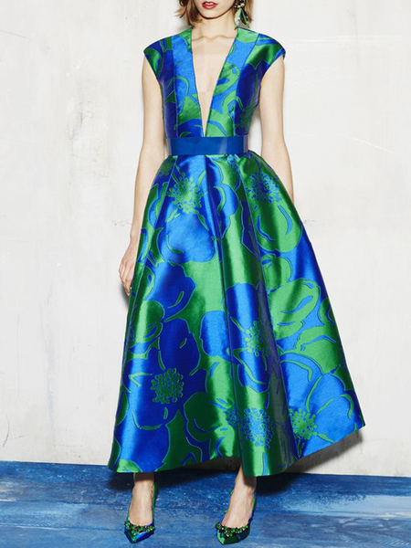 

Elegant Floral V Neck Wedding Guest Dress, Blue, Wedding Guest Dresses