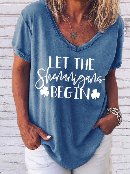 

Women's Let The Shenanigans Begin Funny St. Patrick's Day Love Four Leaf Clover Lucky Graphic Printing V Neck Casual Loose Shamrock T-Shirt, Blue, T-Shirts