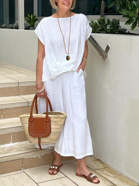 

Crew Neck Casual Cotton And Linen Two-Piece Set, White, Tops