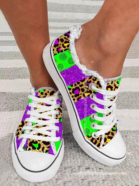 

Mardi Gras Color Block Graphic Lace-Up Canvas Shoes, Color4, Sneakers