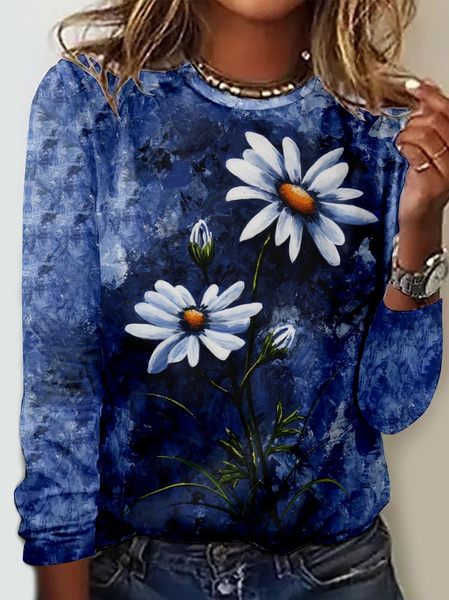 

Women's Daisy Art Print Casual Crew Neck Long Sleeve Shirt, Blue, Long sleeves