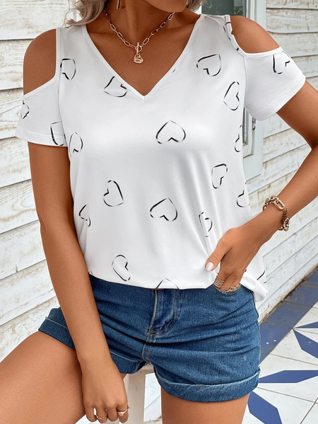 

V Neck Loose Casual Heart/Cordate T-Shirt, White, T-Shirts