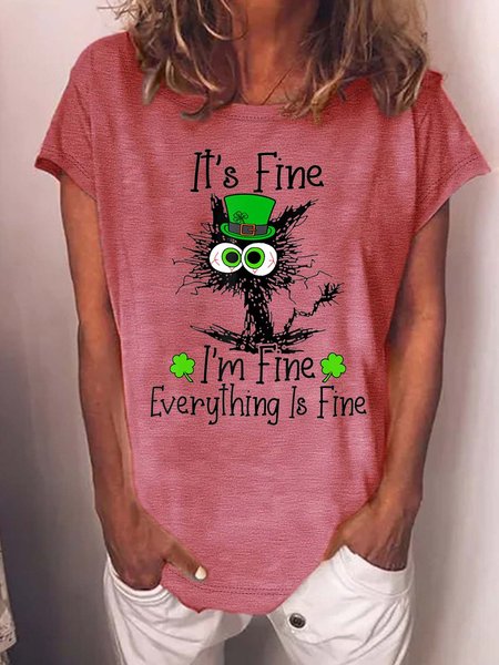 

Women’s It’s Fine I’m Fine Everything Is Fine St. Patrick's Day Crew Neck Loose Casual T-Shirt, Pink, T-Shirts