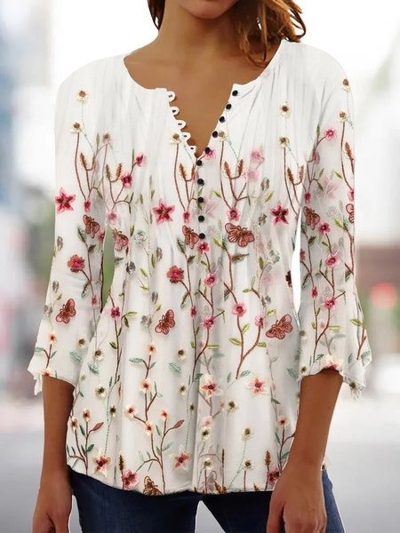 

V Neck Casual Floral Regular Fit Shirt, Multicolor, Shirts & Blouses