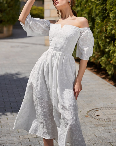 

Boat Neck Elegant Dress, White, Midi Dresses