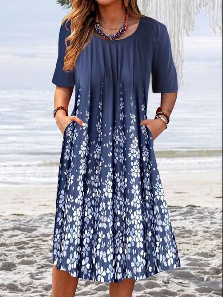 

Loose Floral Crew Neck Casual Dress, Blue, Dresses