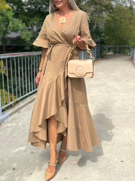 

V Neck Elegant Plain Regular Fit Dress, Khaki, Maxi Dresses