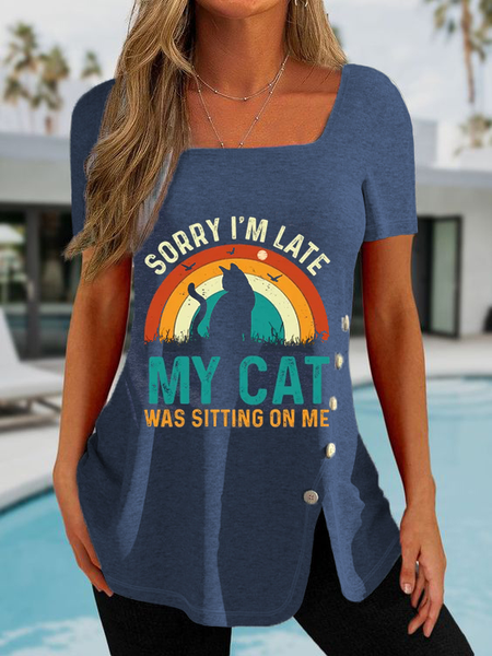 

Sorry I'm Late My Cat Was Sitting On Me Shirt, Blue, T-Shirts