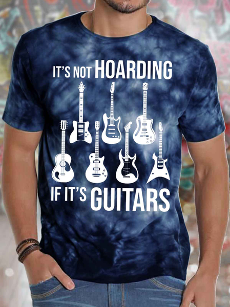 

Men's It Is Not Hoarding If It’S Guitars Funny Graphic Tie-Dyed Printing Text Letters Loose Casual Crew Neck T-Shirt, Dark blue, T-shirts