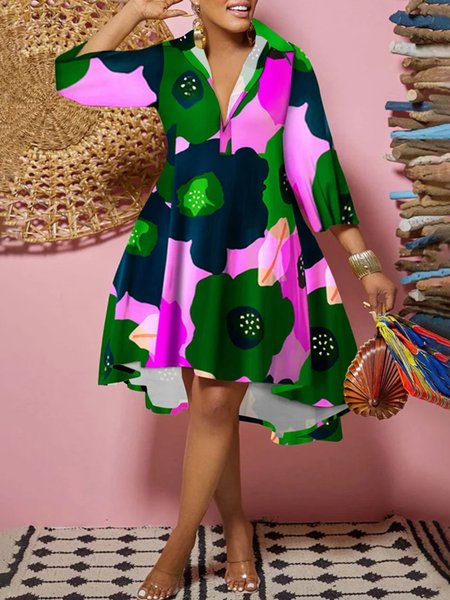 

Shirt Collar Urban Loose Three Quarter Sleeve Dress, Flower, Midi Dresses