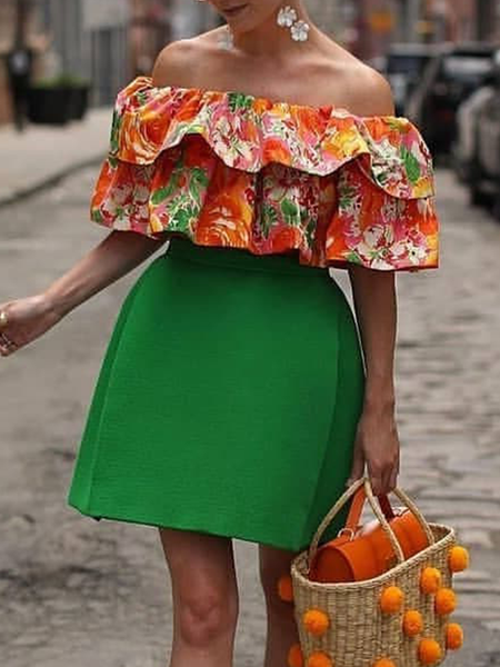 

Regular Fit Cold Shoulder Floral Elegant Dress, Green, Mini Dresses