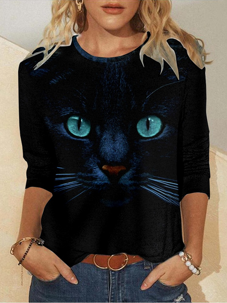 

Women's 3D Black Cat Art Print Crew Neck Cat Casual Regular Fit Shirt, As picture, Long sleeves