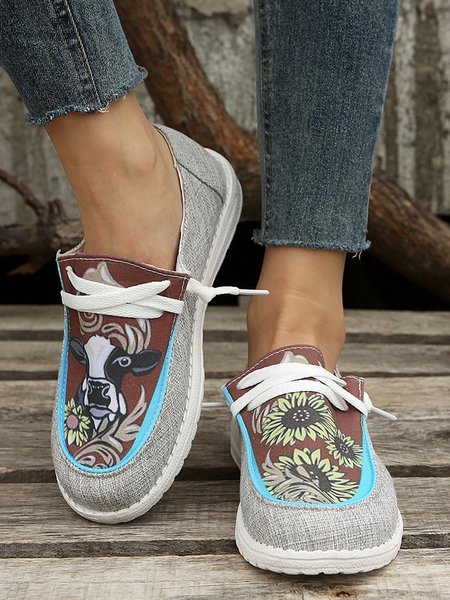 

Sunflower Pattern Color Block Casual Boat Shoes, Gray, Flats