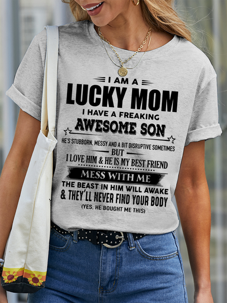 

Women's Funny Word I Am A Lucky Mom Awesome Son Cotton Simple T-Shirt, Light gray, T-shirts