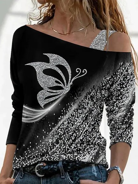 

Loose Butterfly One Shoulder T-Shirt, Black, T-Shirts