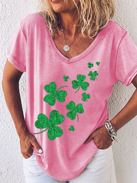 

Women's St. Patricks Day Glitter Shamrocks V Neck T-Shirt, Pink, T-shirts