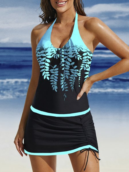 

Vacation Leaf V Neck Swim Dress, Lake blue, swimwear>>One-Pieces