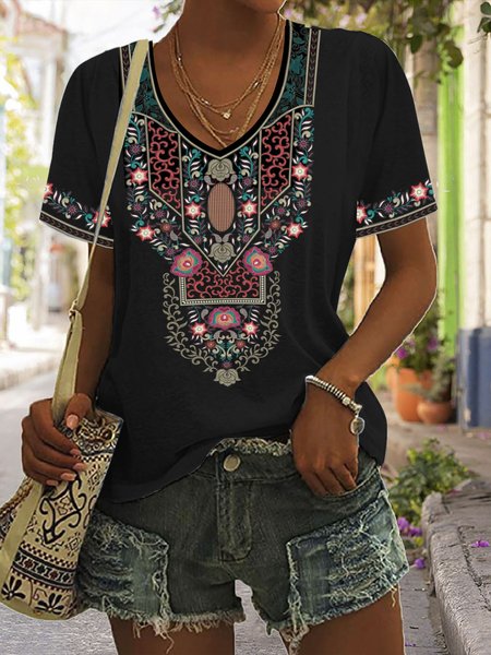 

V Neck Ethnic Loose Ethnic T-Shirt, Black, T-Shirts