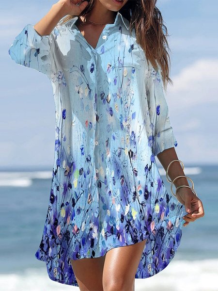 

Casual Loose Shirt Collar Abstract Dress, Blue, Dresses